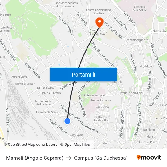 Mameli (Angolo Caprera) to Campus "Sa Duchessa" map