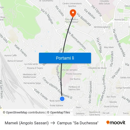 Mameli (Angolo Sassari) to Campus "Sa Duchessa" map