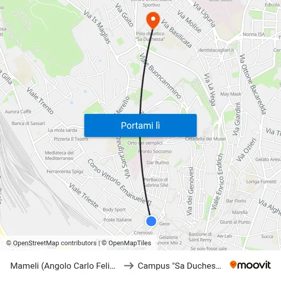 Mameli (Angolo Carlo Felice) to Campus "Sa Duchessa" map