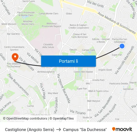 Castiglione (Angolo Serra) to Campus "Sa Duchessa" map