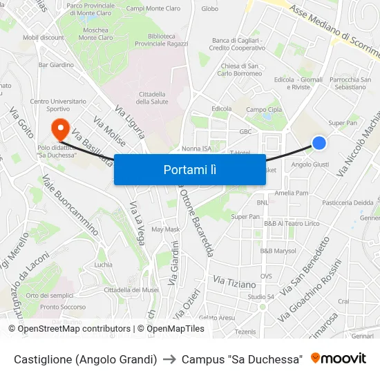 Castiglione (Angolo Grandi) to Campus "Sa Duchessa" map