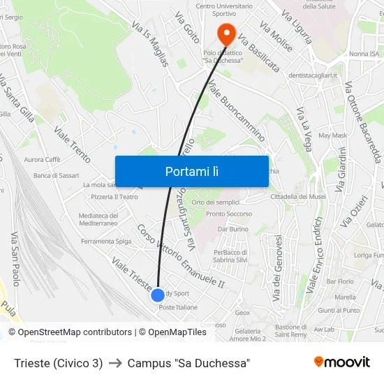 Trieste (Civico 3) to Campus "Sa Duchessa" map