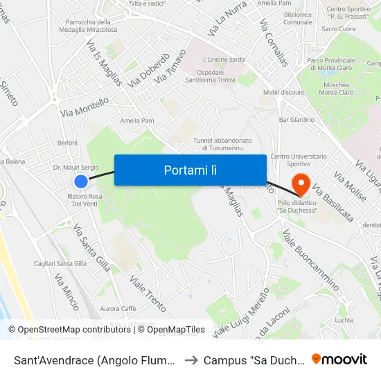 Sant'Avendrace (Angolo Flumendosa) to Campus "Sa Duchessa" map