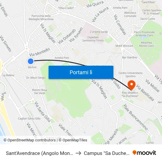 Sant'Avendrace (Angolo Montello) to Campus "Sa Duchessa" map