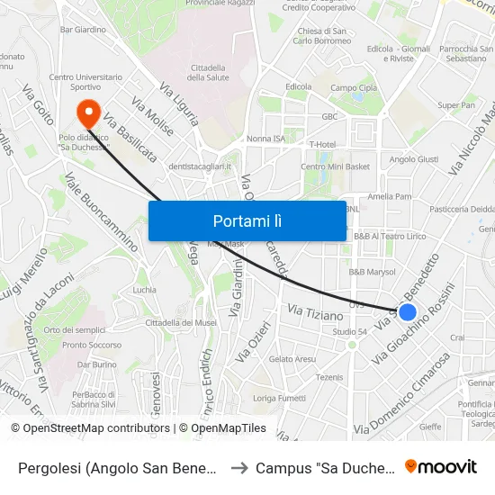 Pergolesi (Angolo San Benedetto) to Campus "Sa Duchessa" map