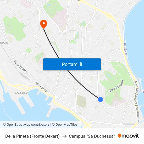 Della Pineta (Fronte Dexart) to Campus "Sa Duchessa" map