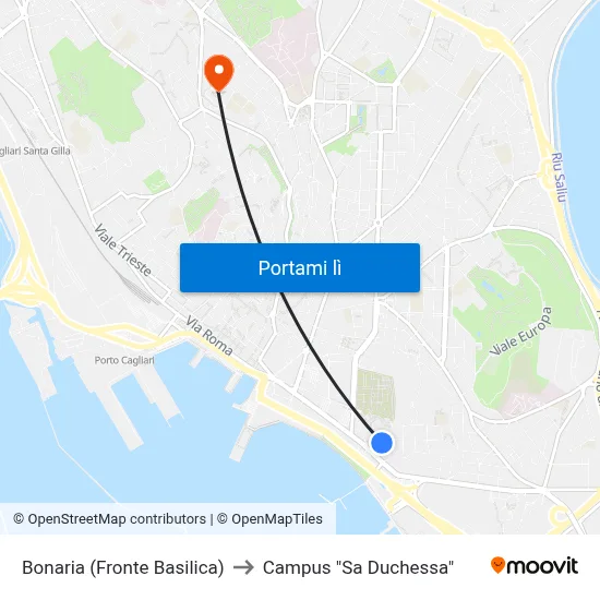 Bonaria (Fronte Basilica) to Campus "Sa Duchessa" map