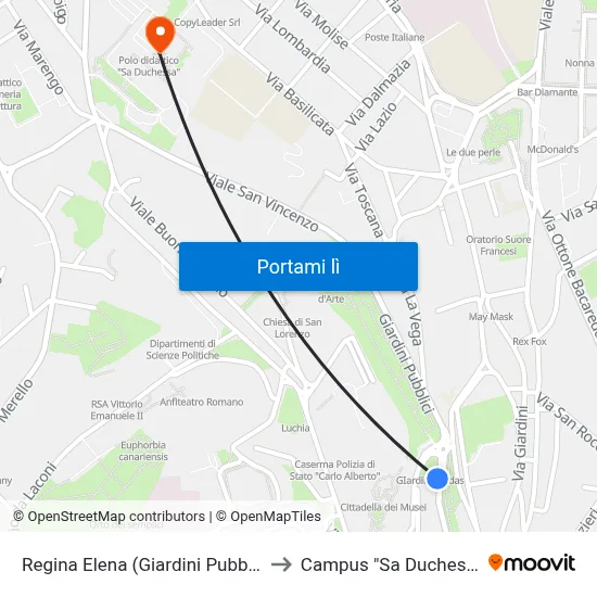 Regina Elena (Giardini Pubblici) to Campus "Sa Duchessa" map
