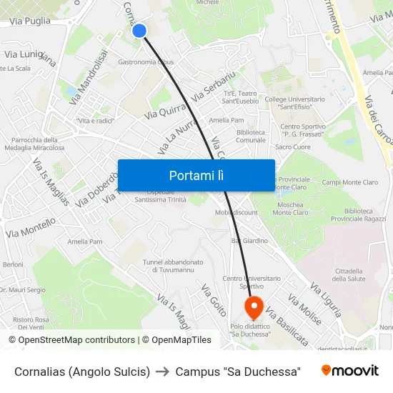 Cornalias (Angolo Sulcis) to Campus "Sa Duchessa" map