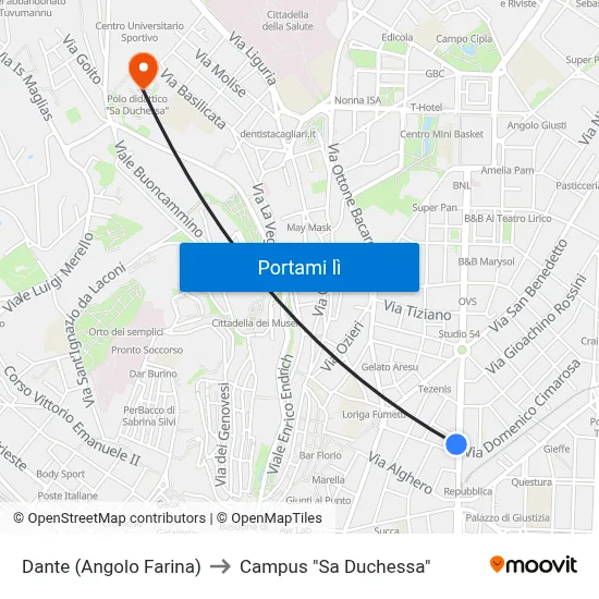Dante (Angolo Farina) to Campus "Sa Duchessa" map