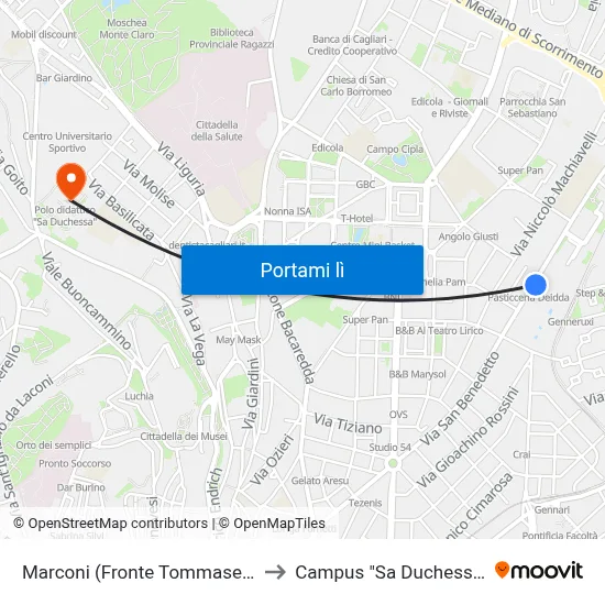 Marconi (Fronte Tommaseo) to Campus "Sa Duchessa" map
