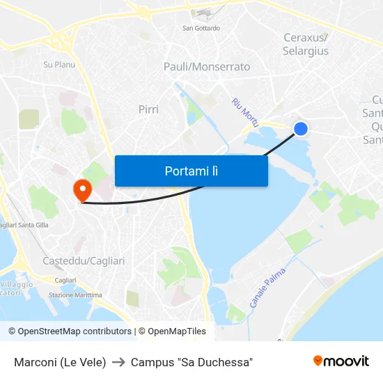 Marconi (Le Vele) to Campus "Sa Duchessa" map