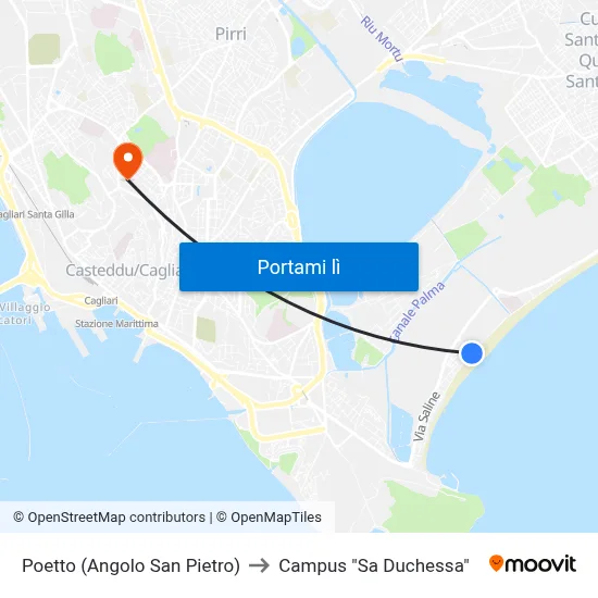 Poetto (Angolo San Pietro) to Campus "Sa Duchessa" map