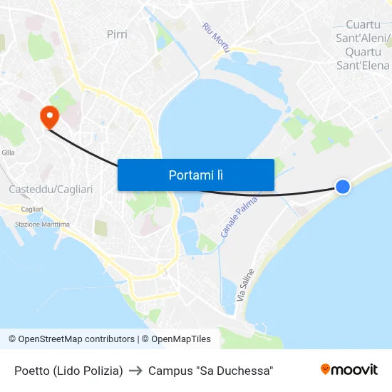 Poetto (Lido Polizia) to Campus "Sa Duchessa" map