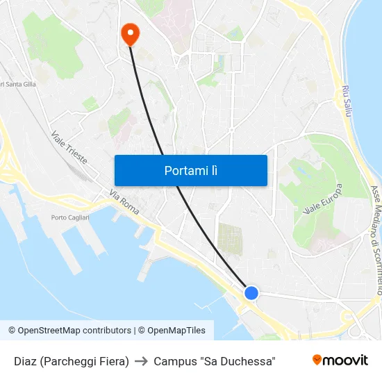 Diaz (Parcheggi Fiera) to Campus "Sa Duchessa" map