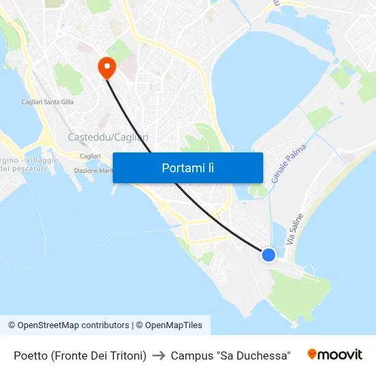 Poetto (Fronte Dei Tritoni) to Campus "Sa Duchessa" map