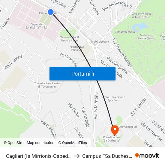 Cagliari (Is Mirrionis-Ospedale) to Campus ""Sa Duchessa"" map