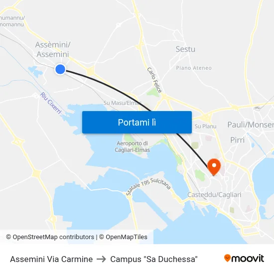 Assemini Via Carmine to Campus "Sa Duchessa" map