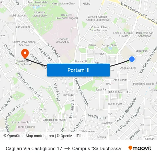 Cagliari Via Castiglione 17 to Campus "Sa Duchessa" map