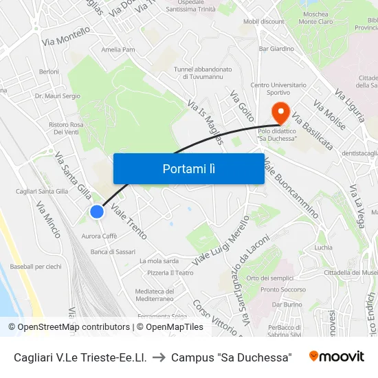 Cagliari V.Le Trieste-Ee.Ll. to Campus "Sa Duchessa" map