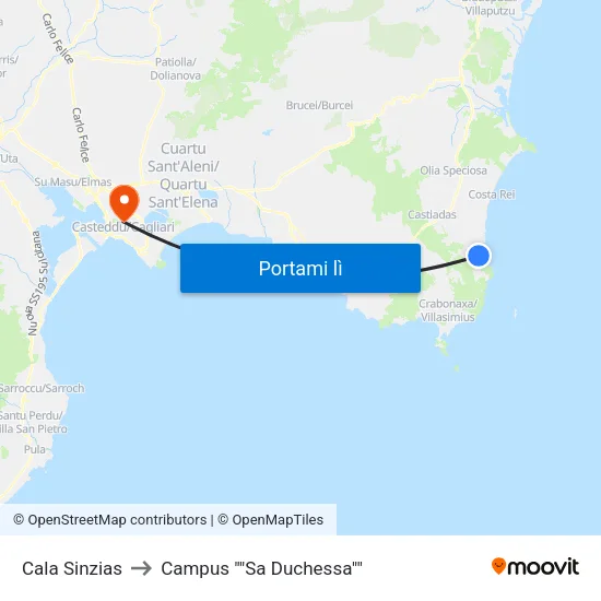 Cala Sinzias to Campus "Sa Duchessa" map