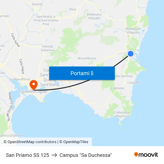 San Priamo SS 125 to Campus "Sa Duchessa" map