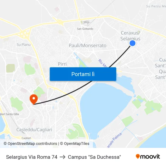 Selargius Via Roma 74 to Campus "Sa Duchessa" map