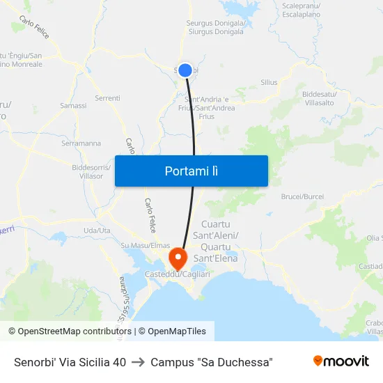 Senorbi' Via Sicilia 40 to Campus "Sa Duchessa" map