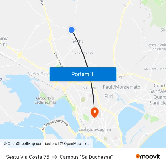 Sestu Via Costa 75 to Campus "Sa Duchessa" map