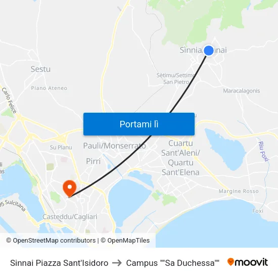 Sinnai Piazza Sant'Isidoro to Campus "Sa Duchessa" map