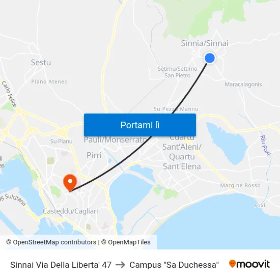 Sinnai Via Della Liberta' 47 to Campus "Sa Duchessa" map