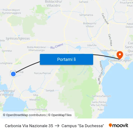 Carbonia Via Nazionale 35 to Campus "Sa Duchessa" map