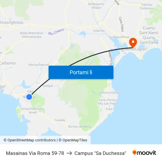 Masainas Via Roma 59-78 to Campus "Sa Duchessa" map