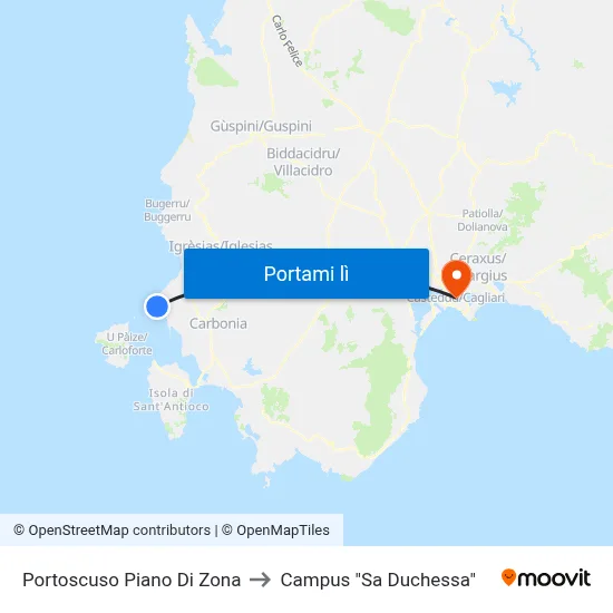 Portoscuso Piano Di Zona to Campus "Sa Duchessa" map
