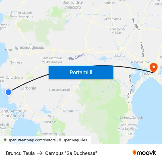 Bruncu Teula to Campus "Sa Duchessa" map