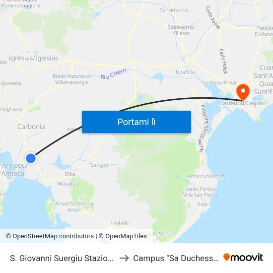 S. Giovanni Suergiu Stazione to Campus "Sa Duchessa" map