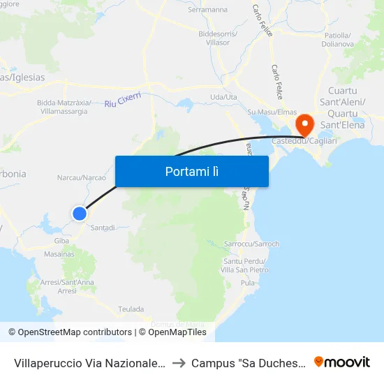 Villaperuccio Via Nazionale 46 to Campus "Sa Duchessa" map