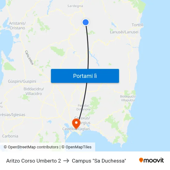 Aritzo Corso Umberto 2 to Campus "Sa Duchessa" map