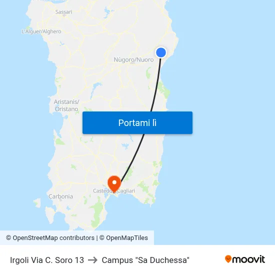 Irgoli Via C. Soro 13 to Campus "Sa Duchessa" map