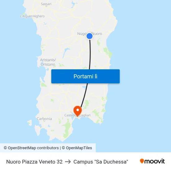 Nuoro Piazza Veneto 32 to Campus "Sa Duchessa" map