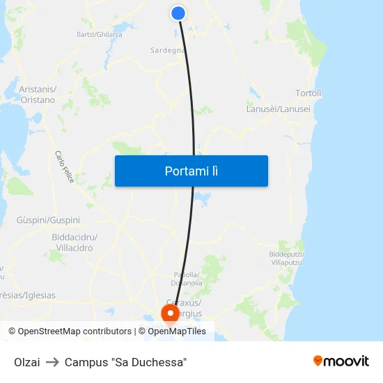 Olzai to Campus "Sa Duchessa" map