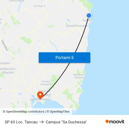 SP 63 Loc. Tancau to Campus "Sa Duchessa" map