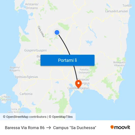 Baressa Via Roma 86 to Campus "Sa Duchessa" map