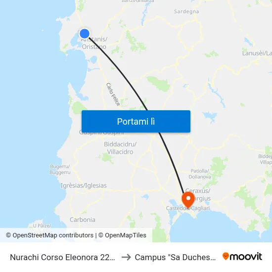 Nurachi Corso Eleonora 22-43 to Campus "Sa Duchessa" map