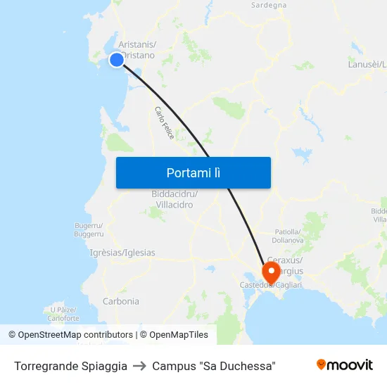 Torregrande Spiaggia to Campus "Sa Duchessa" map