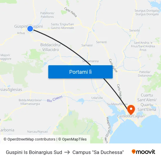 Guspini Is Boinargius Sud to Campus "Sa Duchessa" map