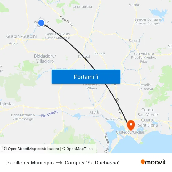 Pabillonis Municipio to Campus "Sa Duchessa" map