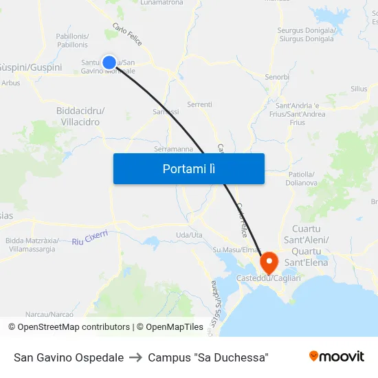 San Gavino Ospedale to Campus "Sa Duchessa" map
