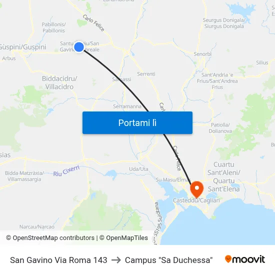 San Gavino Via Roma 143 to Campus "Sa Duchessa" map