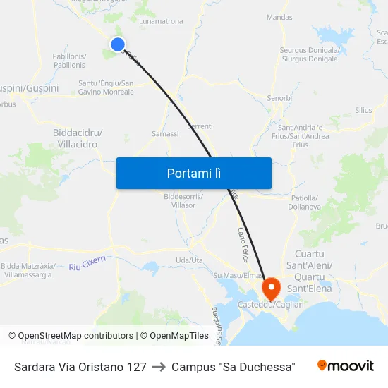 Sardara Via Oristano 127 to Campus "Sa Duchessa" map